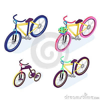 Isometric People. Isometric Bicycle . Family Cyclists group riding bicycle. Cyclist icon. Vector Illustration