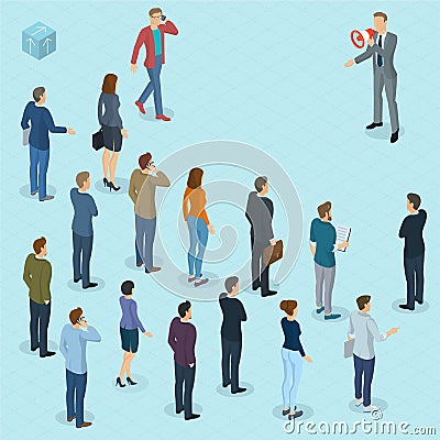 Isometric people with loudspeaker. Vector Illustration