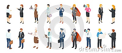 Isometric people professions. Men and women in different professional suits and uniforms, flat office characters. Vector Vector Illustration