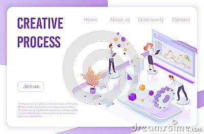 Isometric people pushing gears and analyzing data while doing creative process job. Starting page of website vector Vector Illustration