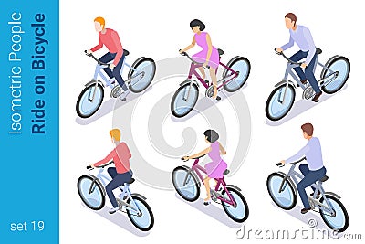 Isometric People ride on Bicycle active Outdoor flat vector collection Vector Illustration