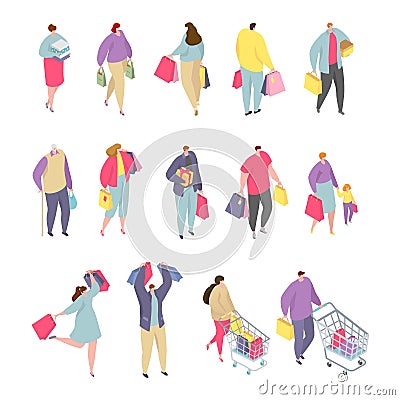 Isometric people shopping man and woman character template with shopping baskets and bags vector illustrations set. Vector Illustration