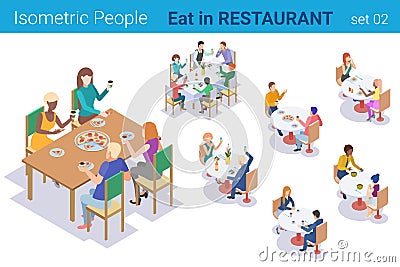 Isometric People sitting at Table Eating and Talking in Restaurant flat vector collection Vector Illustration