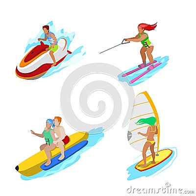 Isometric People on Water Activity. Woman Surfer, Water Skiing, Man Hydrocycle Vector Illustration