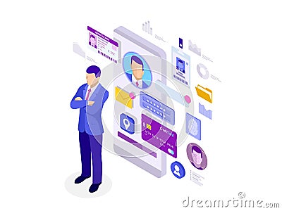 Isometric Personal Data Information App, Identity Private Concept. Digital data Secure Banner. Biometrics technology Vector Illustration