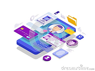 Isometric Personal Data Information App, Identity Private Concept. Digital data Secure Banner. Biometrics technology Vector Illustration