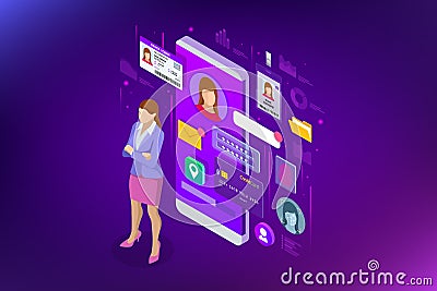 Isometric Personal Data Information App, Identity Private Concept. Digital data Secure Banner. Biometrics technology Vector Illustration