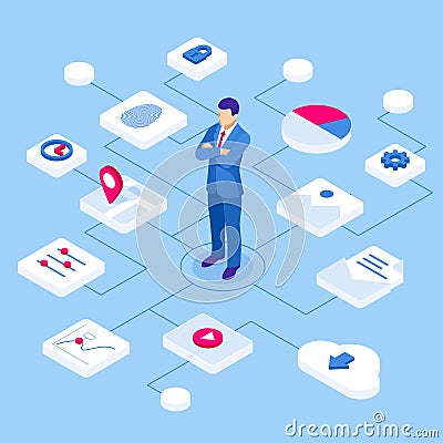 Isometric Personal Data Information App, Identity Private Concept. Digital data Secure Banner. Biometrics technology Vector Illustration