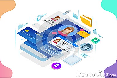 Isometric Personal Data Information App, Identity Private Concept. Digital data Secure Banner. Biometrics technology Vector Illustration