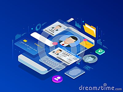 Isometric Personal Data Information App, Identity Private Concept. Digital data Secure Banner. Biometrics technology Vector Illustration