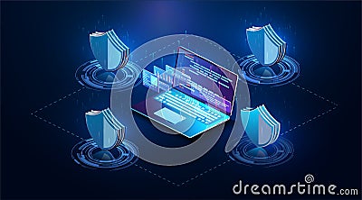 Isometric personal data protection web banner concept. Cyber security and privacy. Network digital technology concept Vector Illustration