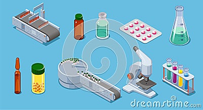 Isometric Pharmaceutical Industry Elements Set Vector Illustration