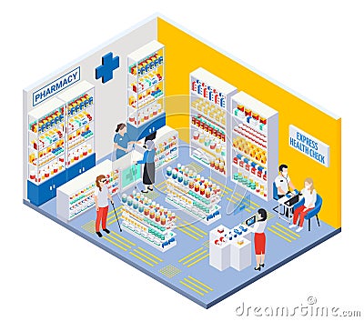 Isometric Pharmacy Interior Vector Illustration