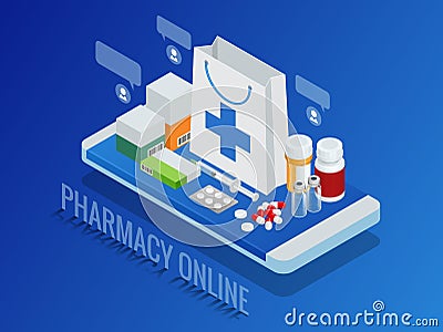 Isometric pharmacy online concept. Finger touch pay button on screen for medicine online payment via application. Pills Vector Illustration