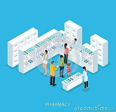 Isometric Pharmacy Store Concept Vector Illustration
