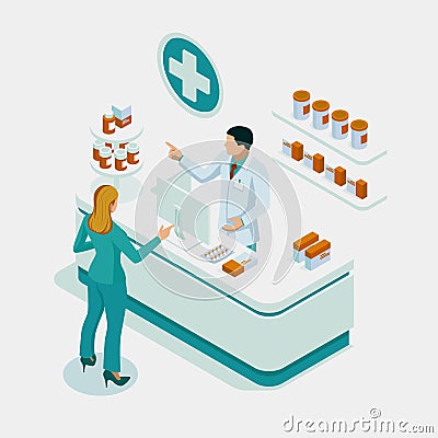 Isometric Pharmacy Store and Doctor pharmacist and patient. Woman pharmacist holding prescription checking medicine in Vector Illustration