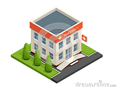 Isometric pharmacy store. Facade of pharmacy in the urban space, the sale of drugs and pills. Vector Illustration