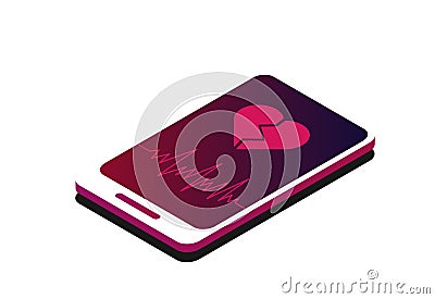 Isometric phone and a broken heart. Like in social networks. Smartphone and approval. Cardiogram. White background Stock Photo
