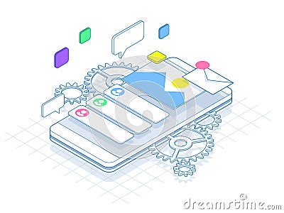 Isometric phone with gears, cogs and repair concept of line. Mobile services banner vector illustration. Vector Illustration