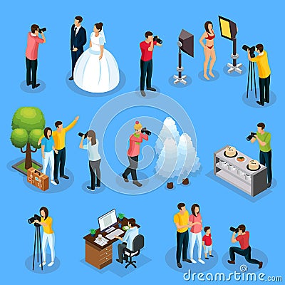 Isometric Photographers Collection Vector Illustration