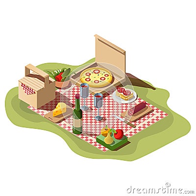Isometric picnic food, pizza box, wine and basket. Vector Illustration