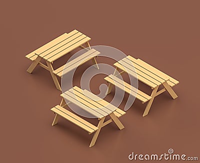 Isometric picnic table, camping object and scene, monochrome yellow camping equipment on brown background, 3D Rendering Stock Photo