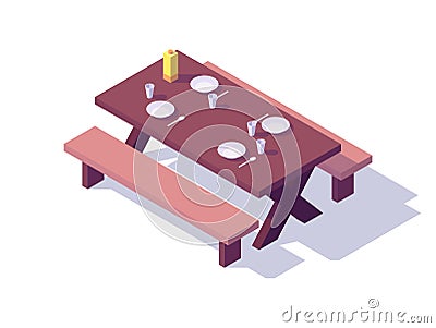 Isometric picnic wooden table Vector Illustration