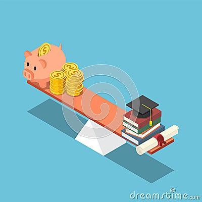 Isometric piggy bank and dollar coin equal to graduation cap and diploma on the scale Vector Illustration