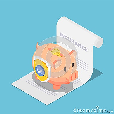 Isometric Piggy Bank Full of Money with Shield on The Insurance Document Vector Illustration