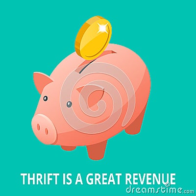 Isometric Piggy bank, gold bullion, diamond and coins icon. Thrift is a great revenue concept Vector Illustration