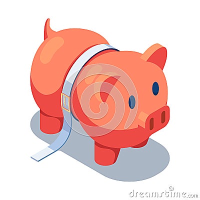 Isometric Piggy Bank Squeezed by A Tighten Belt Vector Illustration