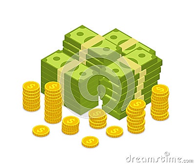 Isometric pile money with coins icon. Stacked heap of dollar banknote for business credit. Financial economy concept. Wealth or Vector Illustration