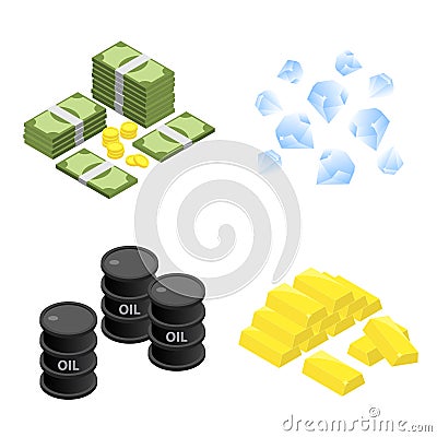 Isometric pile of money, diamond, oil and gold bar flat vector icon Vector Illustration