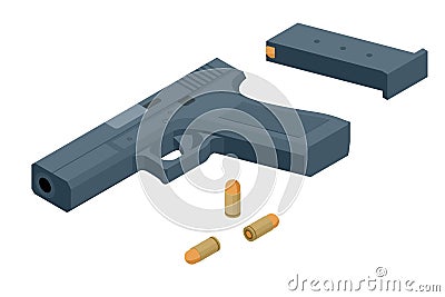 Isometric pistol isolated on white background. Weapon symbol. Gun with ammunition. Vector Illustration