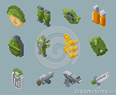 Isometric pixel soldiers and weapons vector icons Vector Illustration