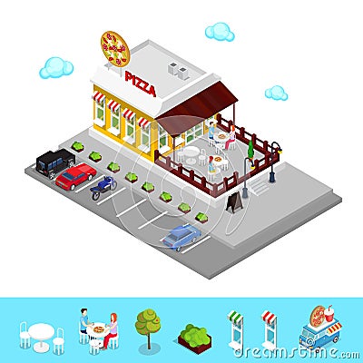 Isometric Pizzeria. Modern Restaurant with Parking Zone and People Vector Illustration