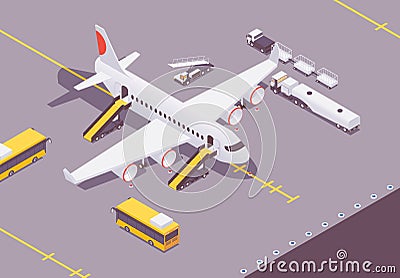 Isometric plane at the airport after landing. Loading cargo and baggage, people, airplane ground service cars around. Concept Stock Photo