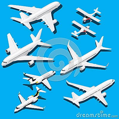 Isometric planes set. Private jet, 2 reactive passenger planes and small plane with propeller Vector Illustration