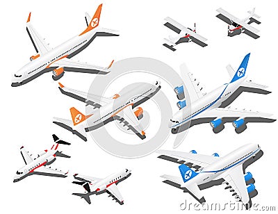 Isometric planes set. Private jet, 2 reactive passenger planes and small plane with propeller Vector Illustration