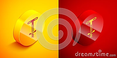 Isometric Pogo stick jumping toy icon isolated on orange and red background. Circle button. Vector Vector Illustration