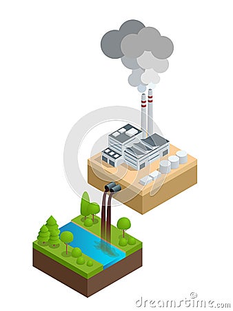 Isometric Pollution of the environment concept. The plant pours dirty water into the river, the pipes smoke and pollute Vector Illustration