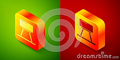 Isometric Pommel horse icon isolated on green and red background. Sports equipment for jumping and gymnastics. Square Vector Illustration