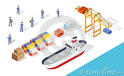 Isometric port cargo ship Vector Illustration