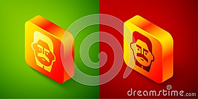 Isometric Portrait of Joseph Stalin icon isolated on green and red background. Square button. Vector Vector Illustration