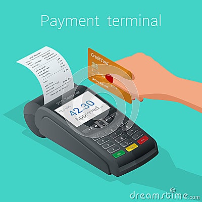 Isometric Pos terminal confirms the payment by debit credit card Vector Illustration