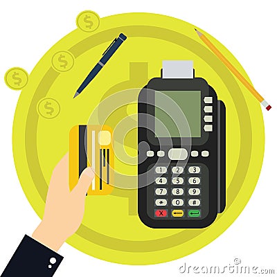 Isometric Pos terminal confirms the payment by debit credit card. Vector illustration in flat design. nfc payments concept Cartoon Illustration