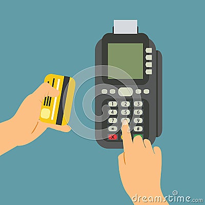 Isometric Pos terminal confirms the payment by debit credit card Cartoon Illustration