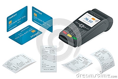 Isometric POS Terminal, debit credit card, Sales printed receipt. Vector Illustration