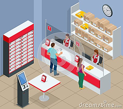 Isometric Post Office concept. Young man and woman waiting for a parcel in a post office. Correspondence vector Vector Illustration
