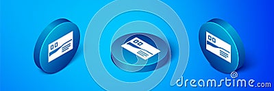 Isometric Postcard travel icon isolated on blue background. Blue circle button. Vector Vector Illustration